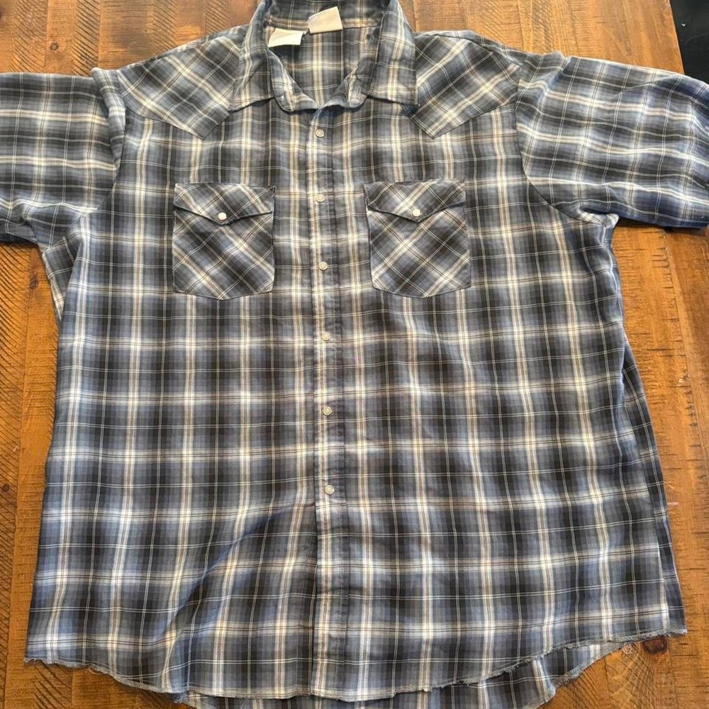 Western Frontier blue, white gray plaid pearl snap button-up shirt Men's Large